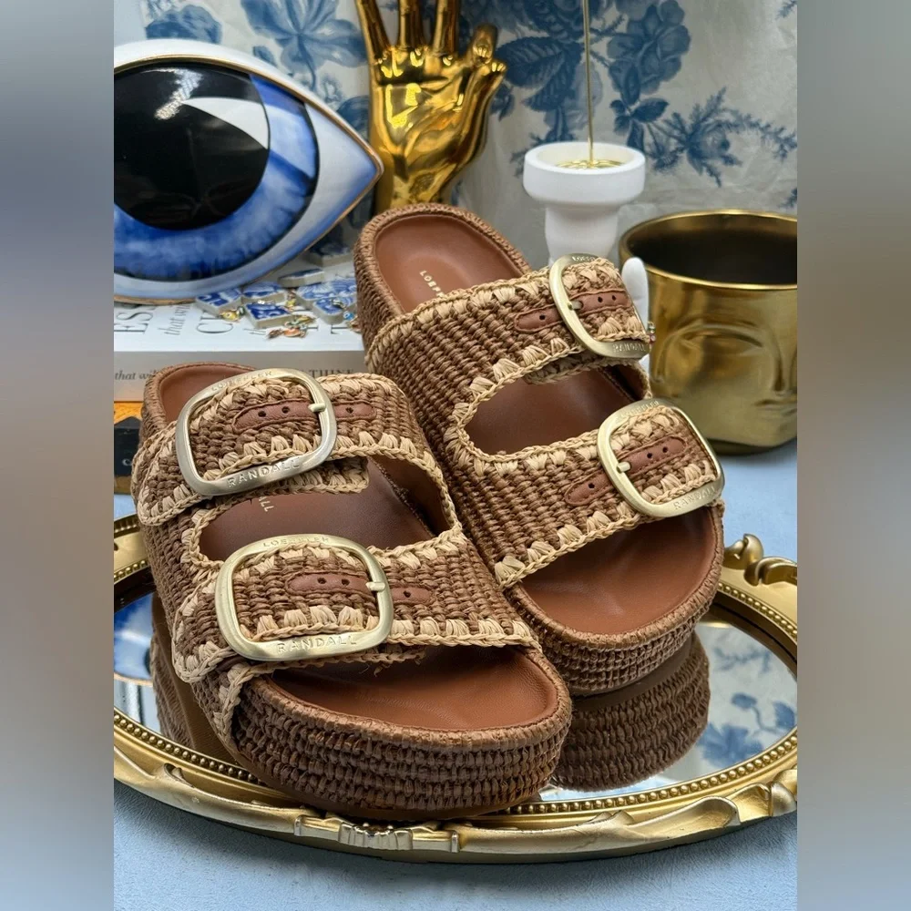 🆕 LOEFFLER RANDALL 🧿 NWOB Theo Embroidered Raffia Platform Sandal, Brown Sz 7